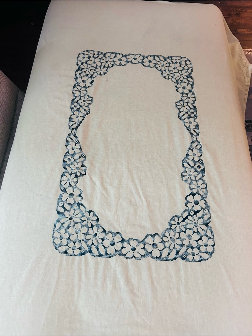 Vintage Hand Embroidered Tablecloth 60x90 + 6 Napkins | Blue Cross Stitch Floral